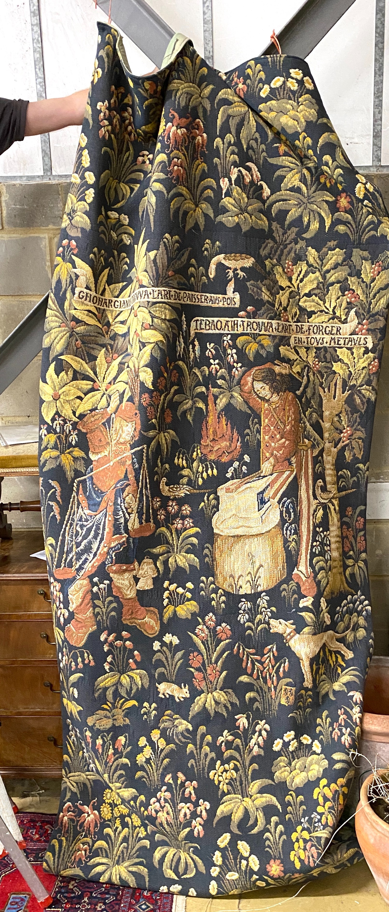 A Hines of Oxford polychrome tapestry panel, 280 x 128cm